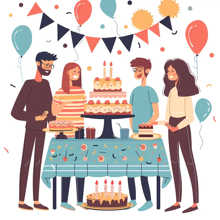 Group of Friends at a Birthday Party with Cake and Balloons
