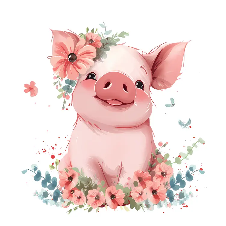 Happy Piglet with Floral Decorations