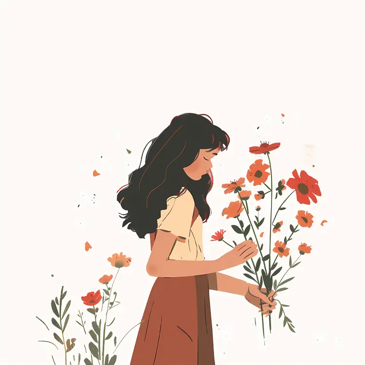 Girl Holding Flowers Illustration