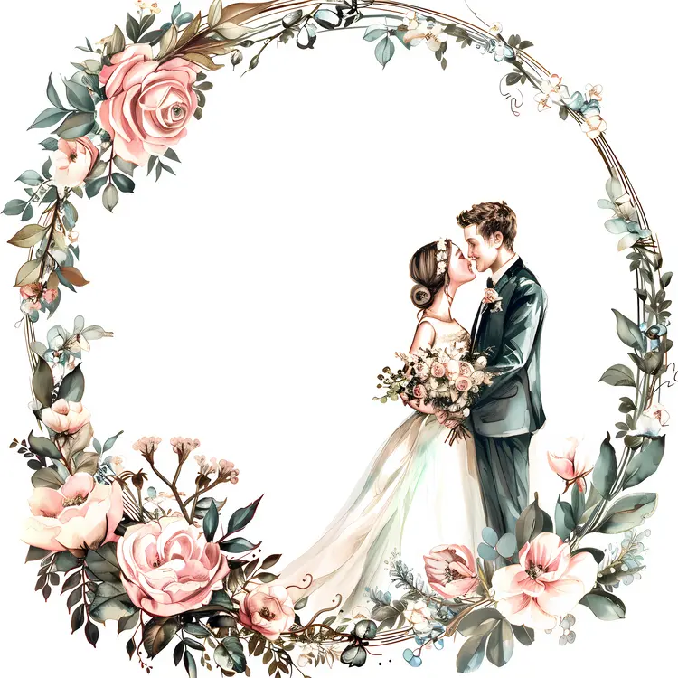 Wedding Couple in Floral Wreath
