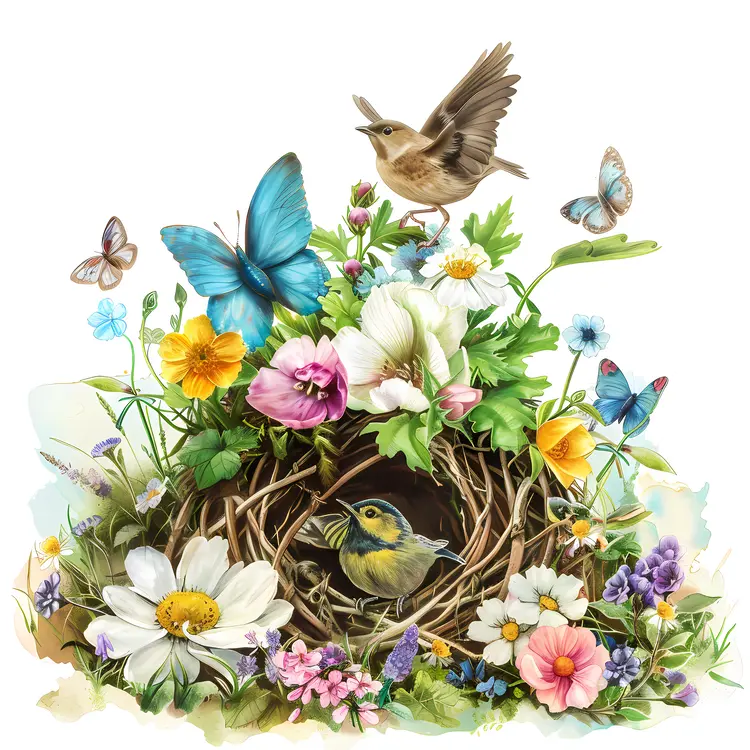 Birds and Flowers in a Spring Garden