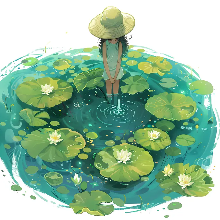 Girl Standing in a Lily Pond