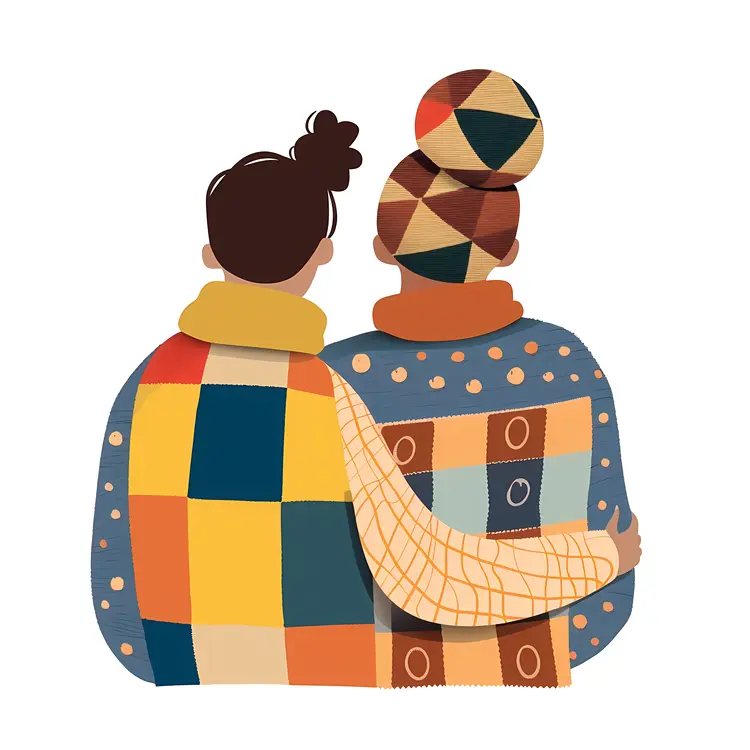 Two People Hugging in Colorful Patchwork Clothes