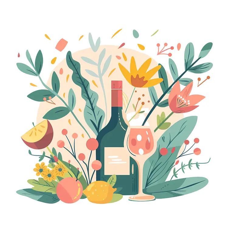 Wine Bottle and Glass with Fruits and Flowers