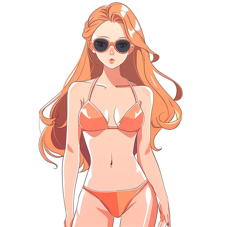 Anime Girl in Orange Bikini with Sunglasses