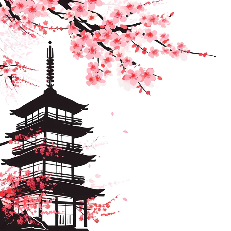 Cherry Blossom Pagoda with Blooming Tree