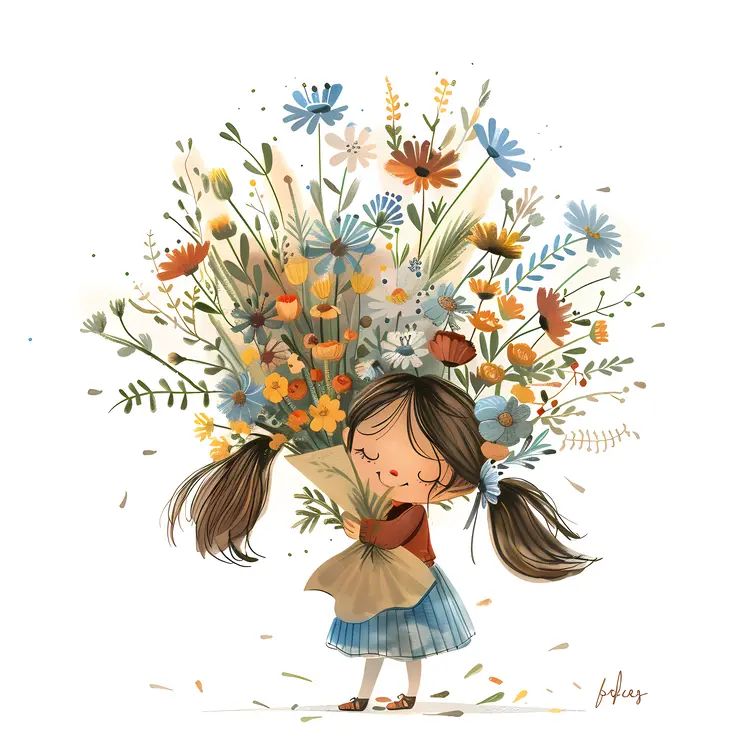 Cute Girl with Large Flower Bouquet