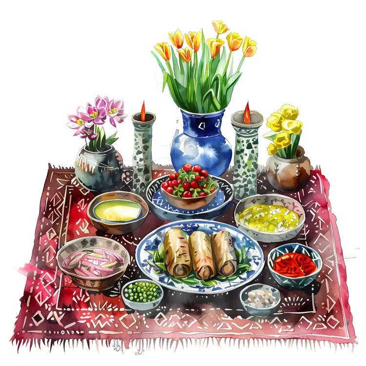 Table Setting with Food and Flowers
