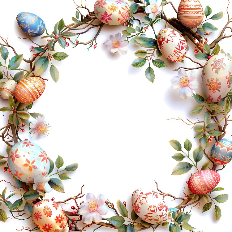 Decorated Easter Eggs in a Floral and Branch Frame
