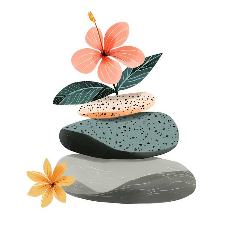 Zen Stacked Stones with Tropical Flowers