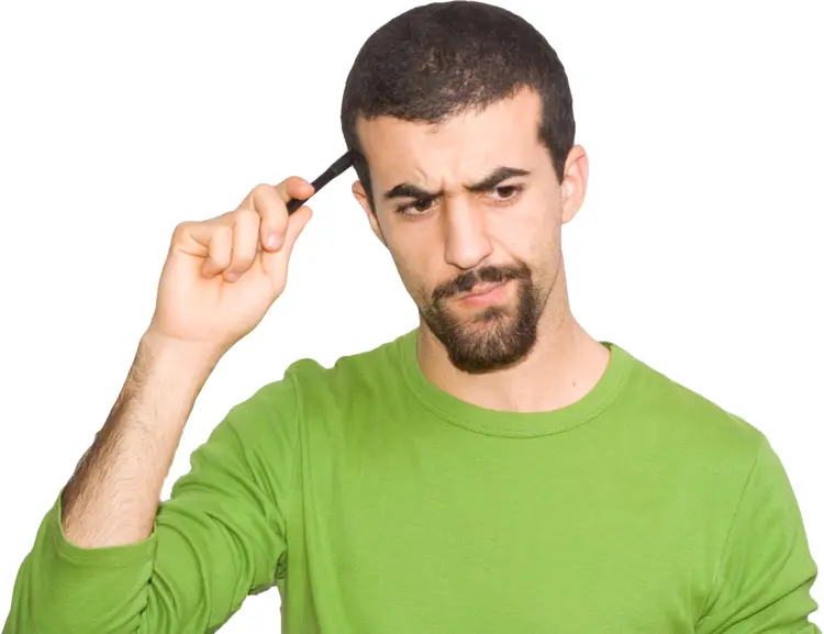 Man in Green Shirt Thinking with Pen