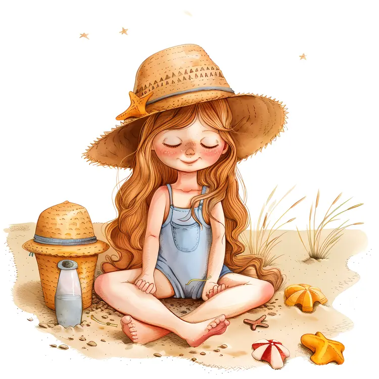 Girl with Hat Sitting on Beach