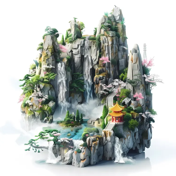 Miniature Mountain Landscape with Waterfall and Temple
