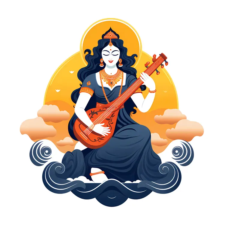 Woman Playing Sitar with Cloud Background Illustration