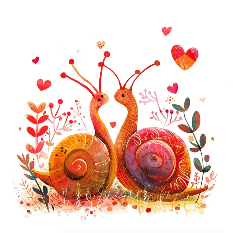 Romantic Snails Surrounded by Hearts