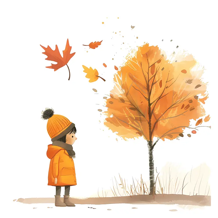 Child in Orange Coat with Autumn Tree