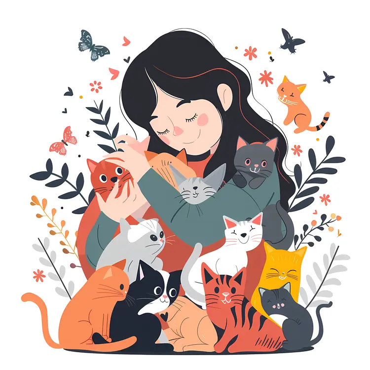 Girl Surrounded by Multiple Cats