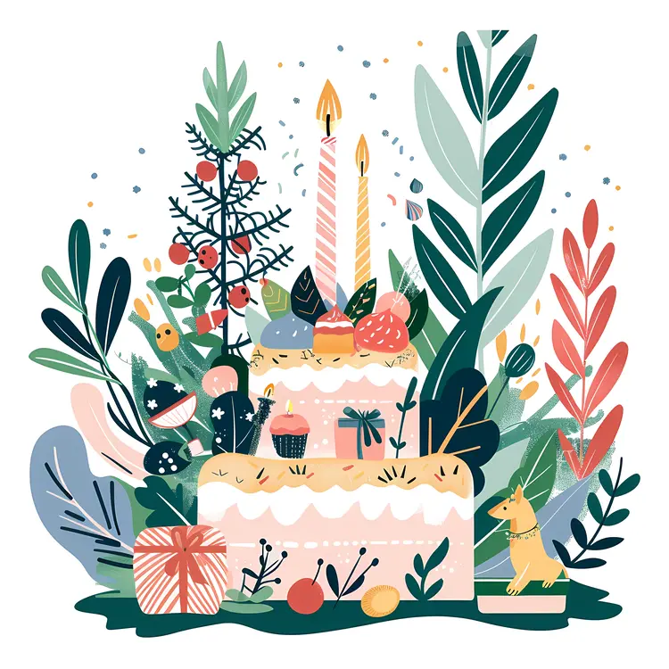 Birthday Cake with Candles and Presents