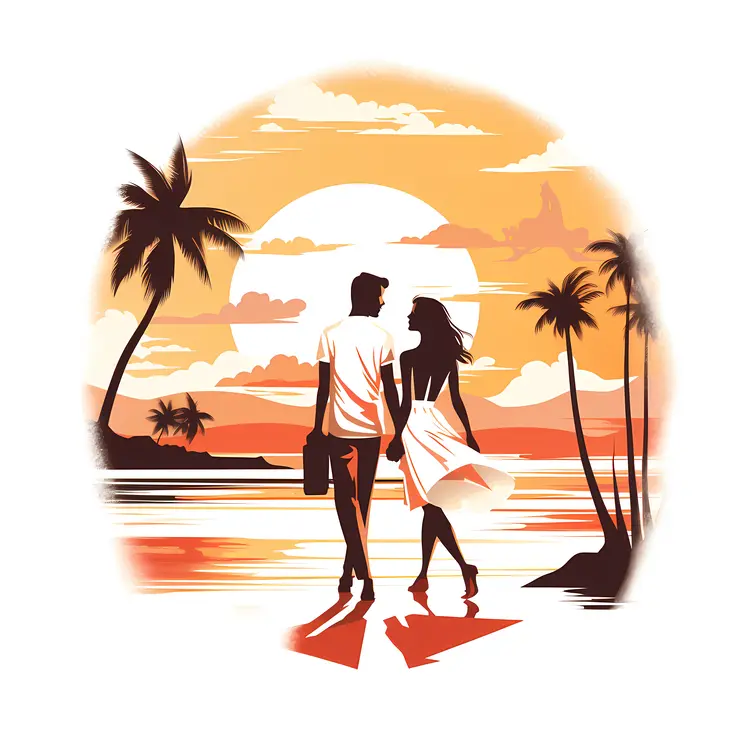 Romantic Couple Walking on Beach at Sunset
