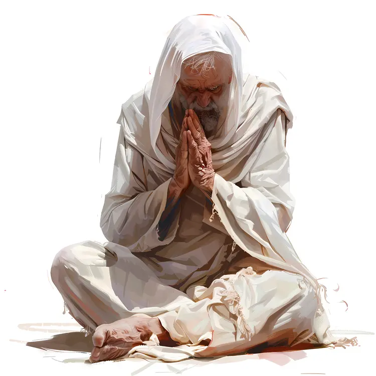 Elderly Man Praying in White Robe