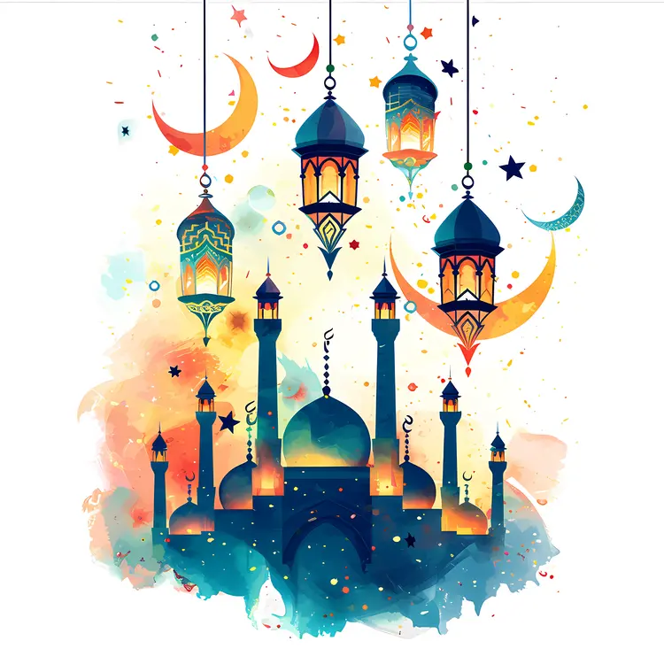 Colorful Mosque with Lanterns and Crescent Moon