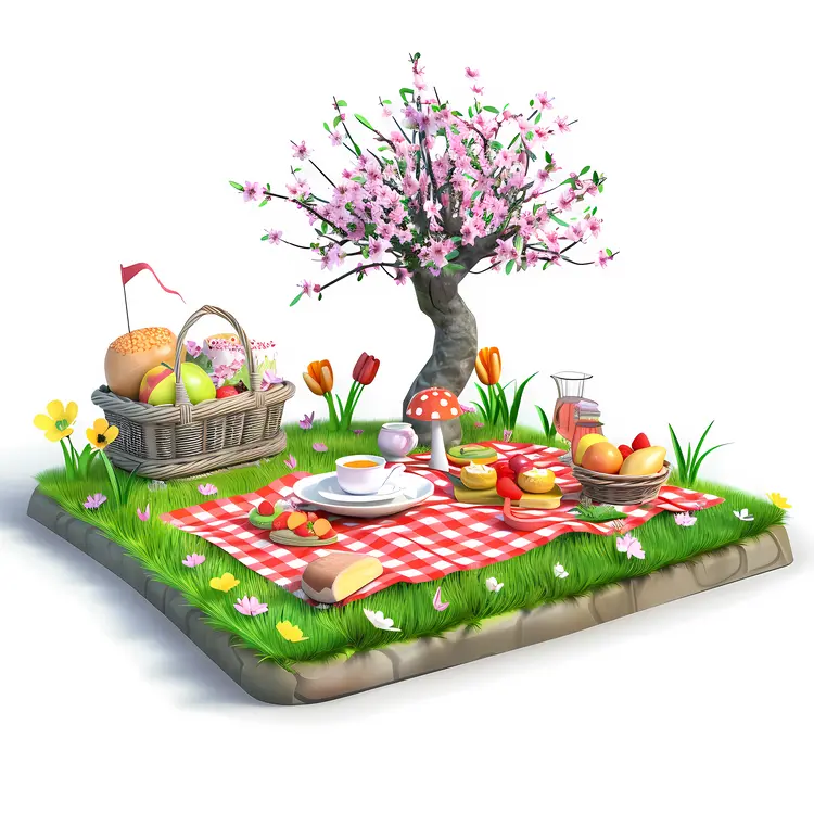 Spring Picnic Setup with Basket and Tree