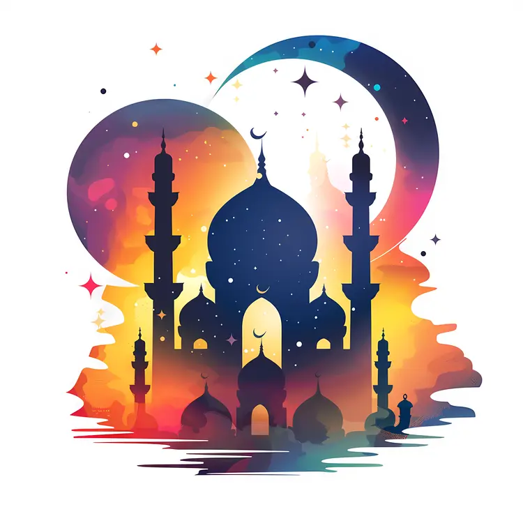 Colorful Mosque with Minarets and Night Sky