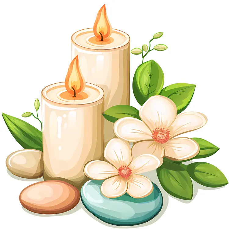 Spa Candles with White Flowers and Stones