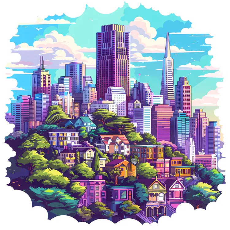 Colorful Cityscape with Skyscrapers and Houses