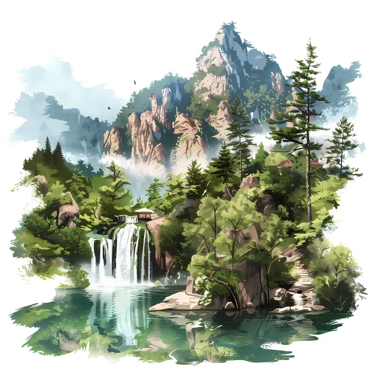 Beautiful Mountain Landscape with Waterfall