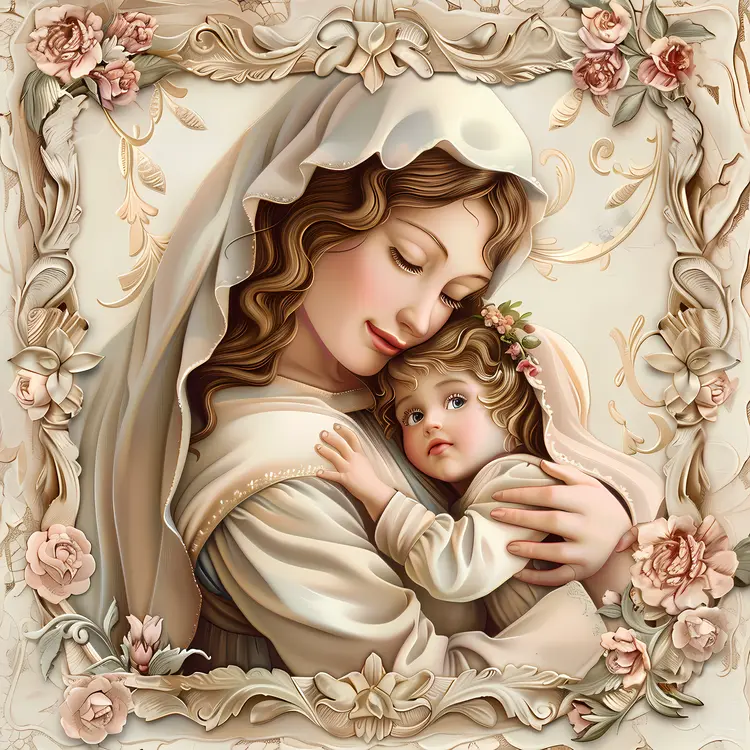 Mother Embracing Child with Floral Frame