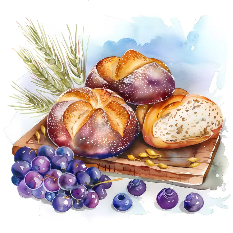 Bread and Grapes on a Wooden Board