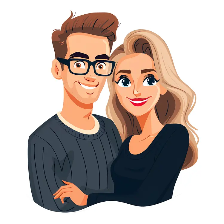 Cartoon Couple Smiling in Casual Outfits