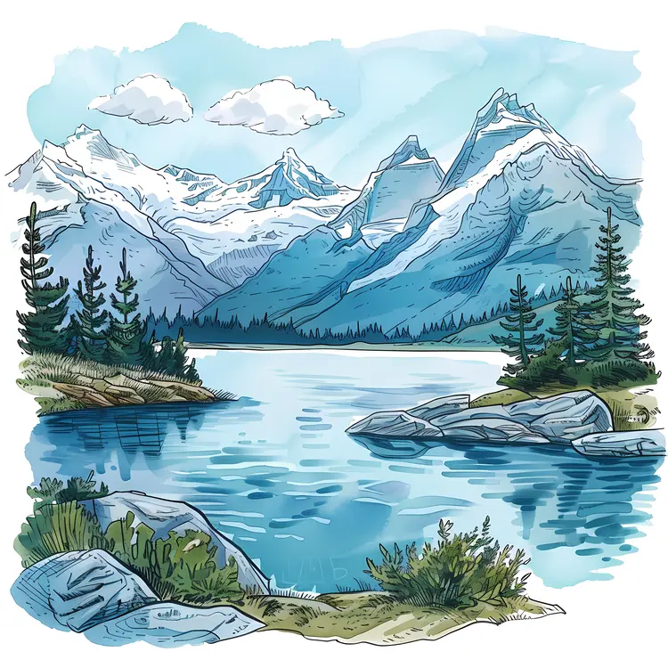 Mountain Lake with Snowy Peaks and Trees