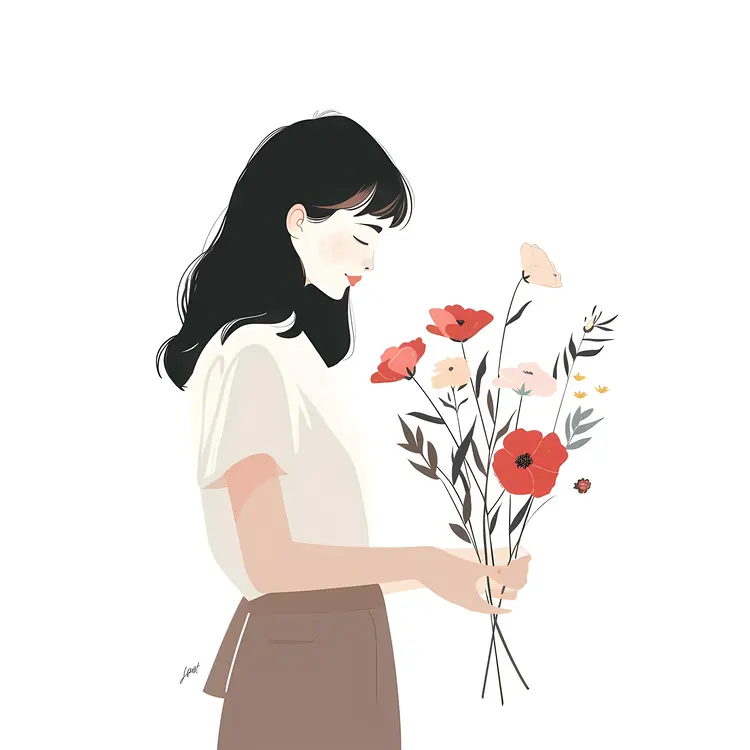 Girl Admiring Flowers Illustration