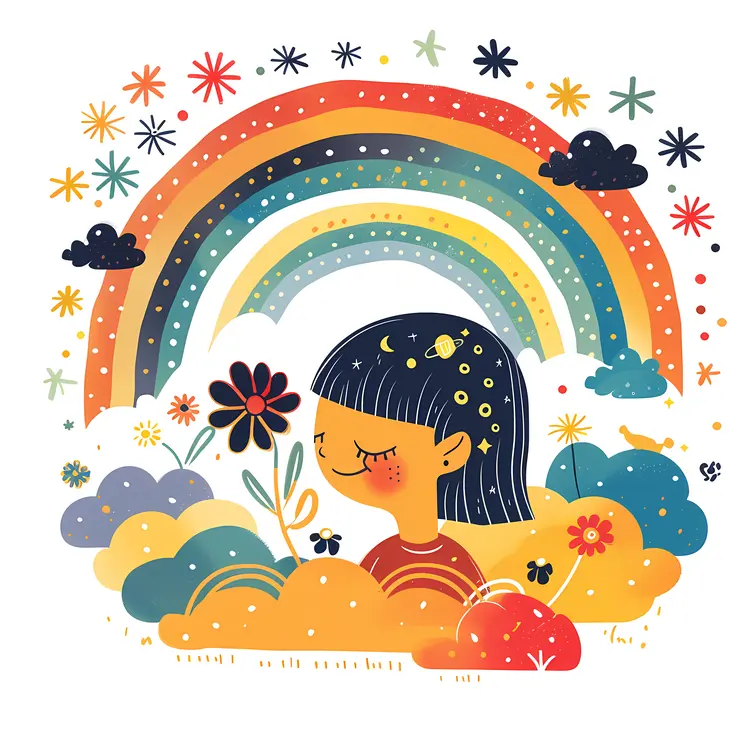 Dreamy Rainbow with Girl and Flowers