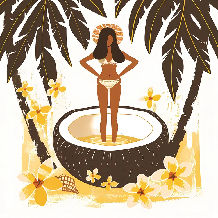 Woman in Coconut with Palm Trees and Flowers