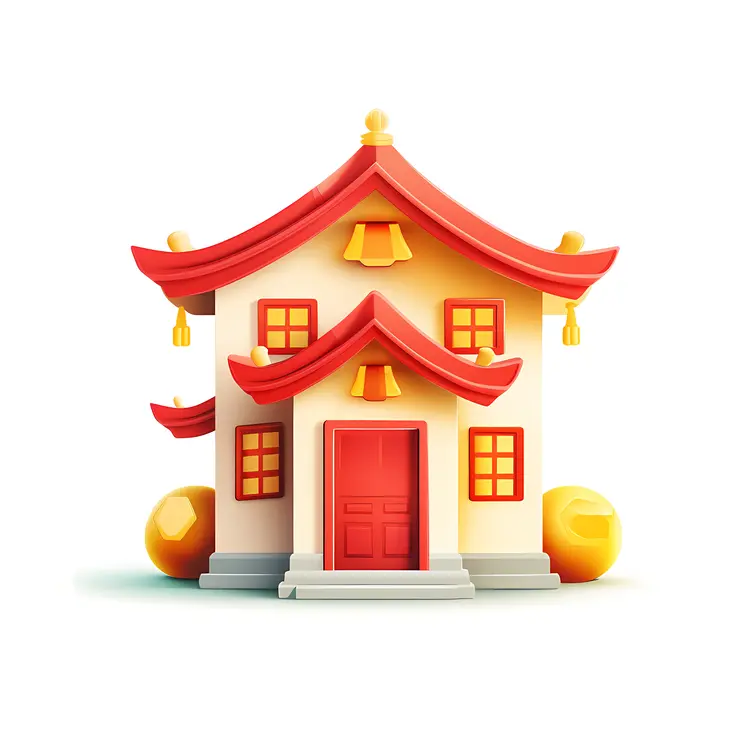 Traditional House with Red Roof and Lanterns