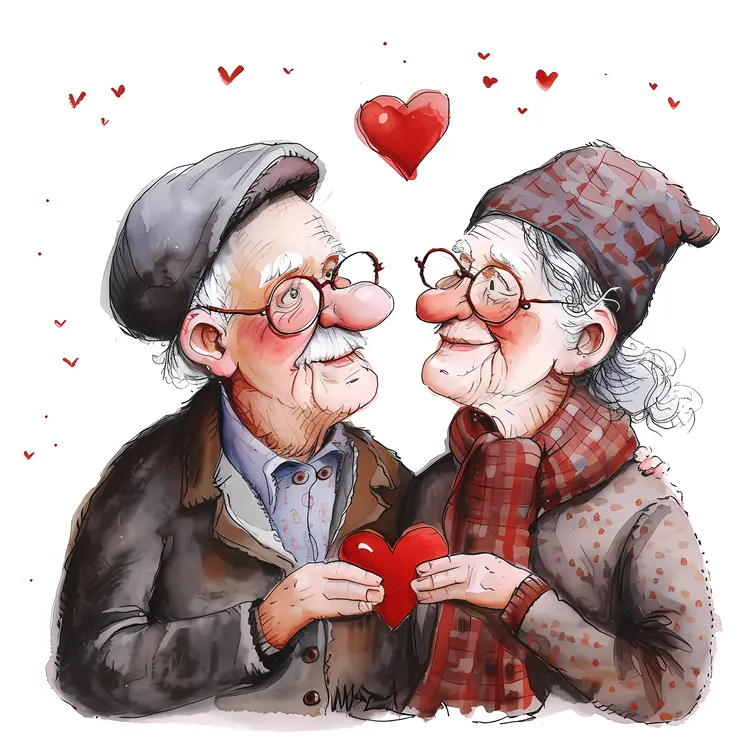 Elderly Couple Holding Heart Illustration