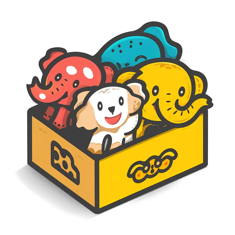 Colorful Stuffed Animals in a Box