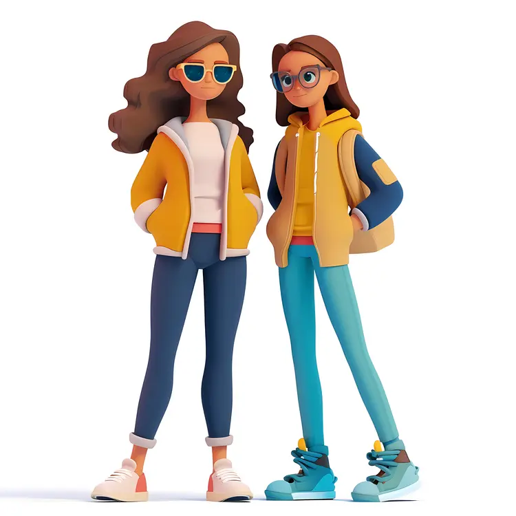 Mother and Child in 3D Illustration with Sunglasses