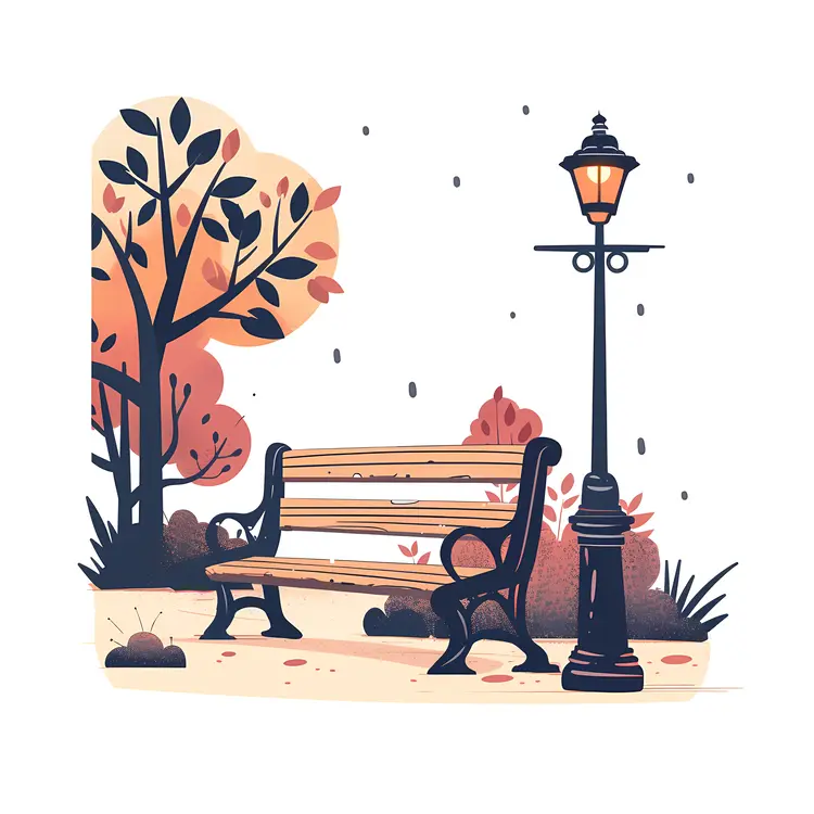 Park Bench with Lamp Post and Tree