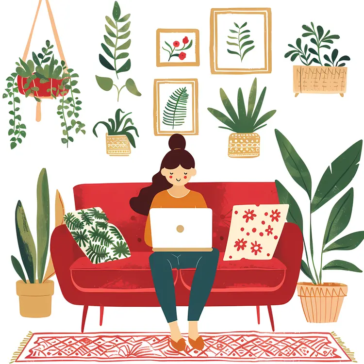 Woman Working on Laptop at Home