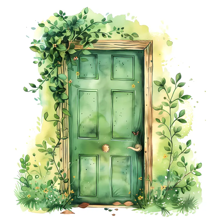 Green Door with Vines and Plants