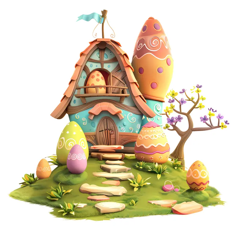 Decorative House with Easter Eggs and Tree