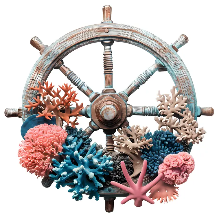 Ship Wheel with Coral and Ocean