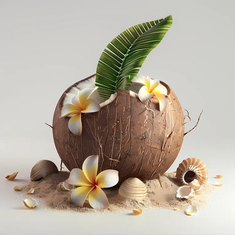 Coconut with Flowers and Shells on Sand