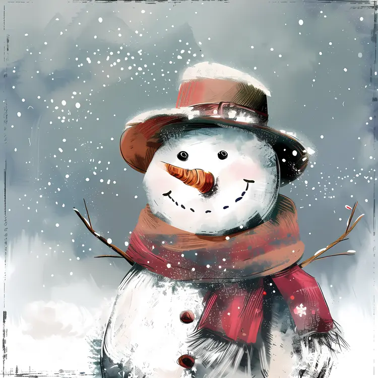 Snowman with Hat and Scarf in Winter Wonderland