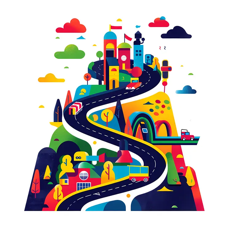 Winding Road Through Colorful City and Hills