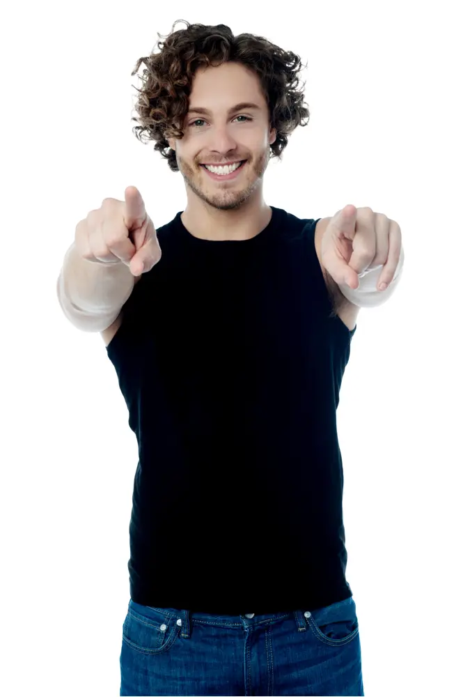 Smiling Man Pointing in Casual Outfit